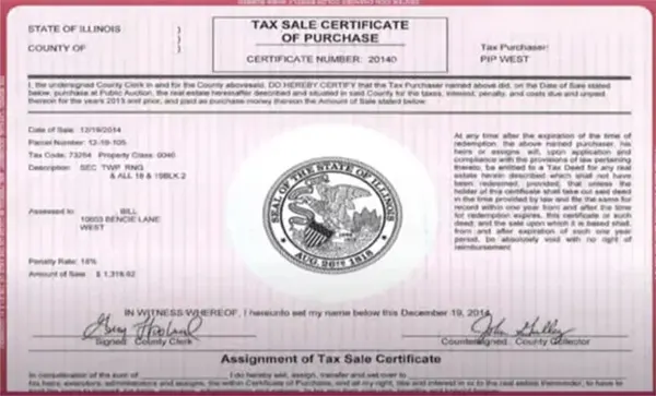 A copy of a tax lien certificate