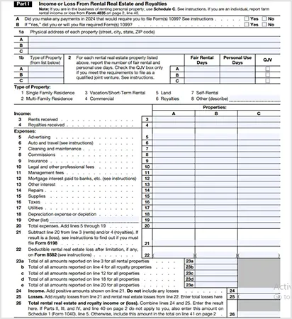 Part I — Income or Loss From Rental Real Estate and Royalties